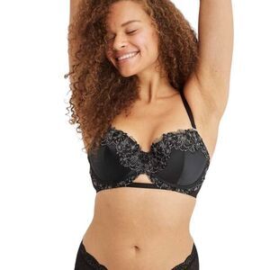 Aerie Black and Silver Real Power Balconette Lightly Lined Shine Embroidery Bra
